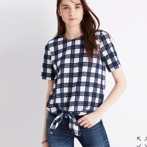 Madewell Plaid Button Back Tie Tee Blue Sz L
